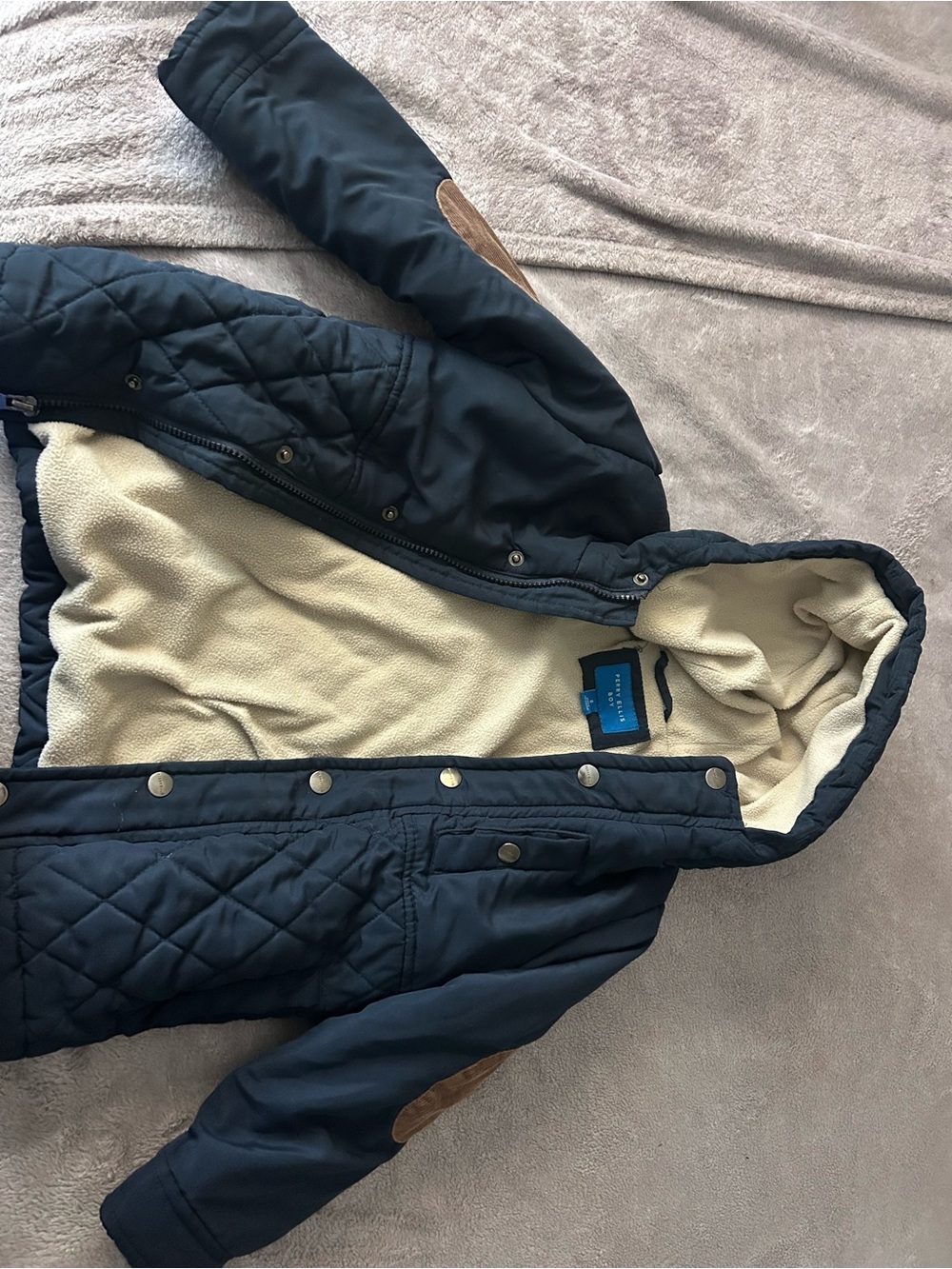Perry Ellis Navy Quilted Hooded Puffer with Cream Sherpa Lining